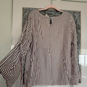 Striped Brown & White Peasant Blouse with Tie-Sleeves